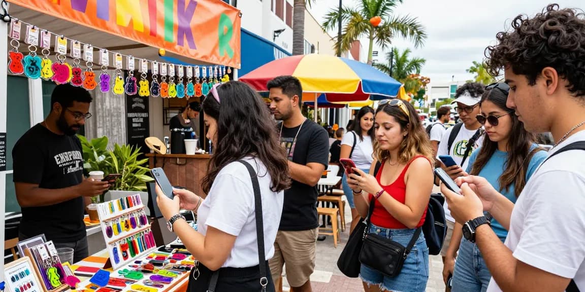 Custom acrylic keychains on a vibrant market stall, showcasing unique designs and colours, with young adults engaging and admiring.