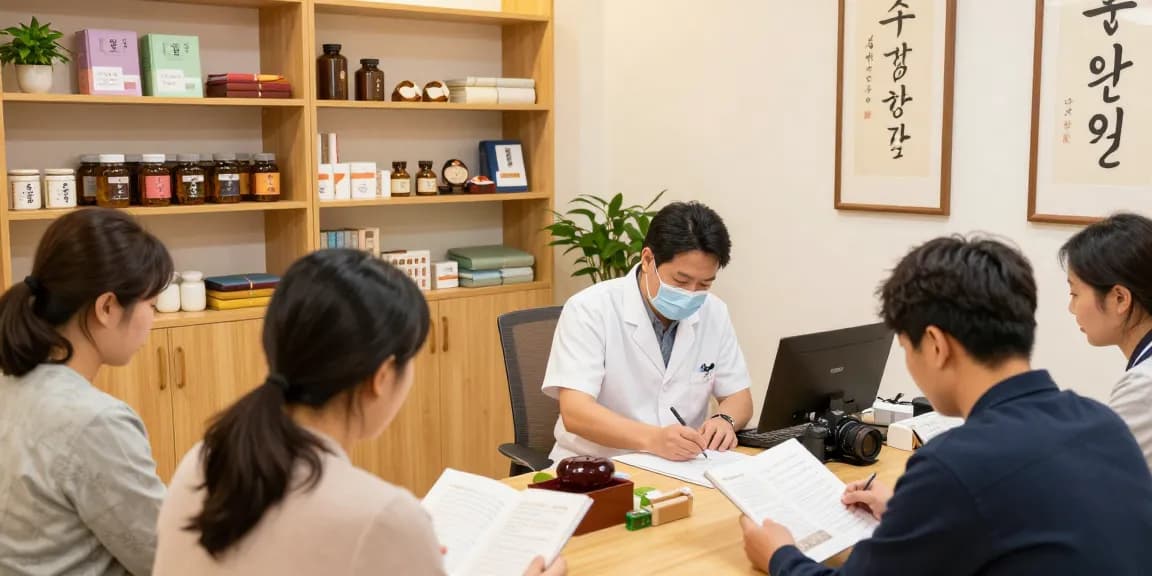 Acupuncture treatment in a 수원한의원, showcasing a practitioner and herbal remedies in a serene clinic.