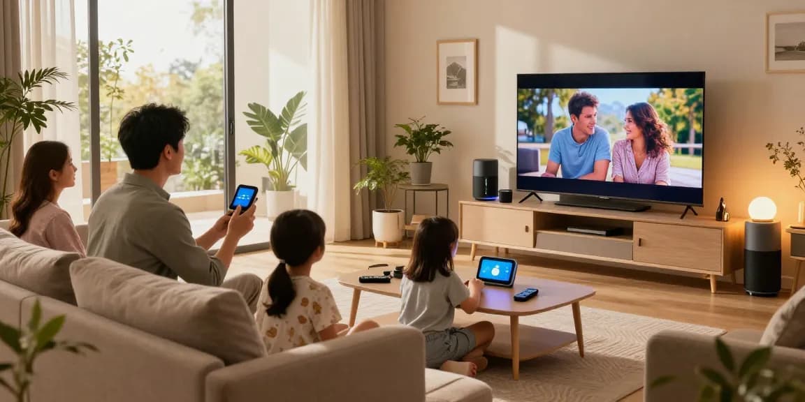 IKEA smart home integration in a modern living room with smart lighting and family interaction.