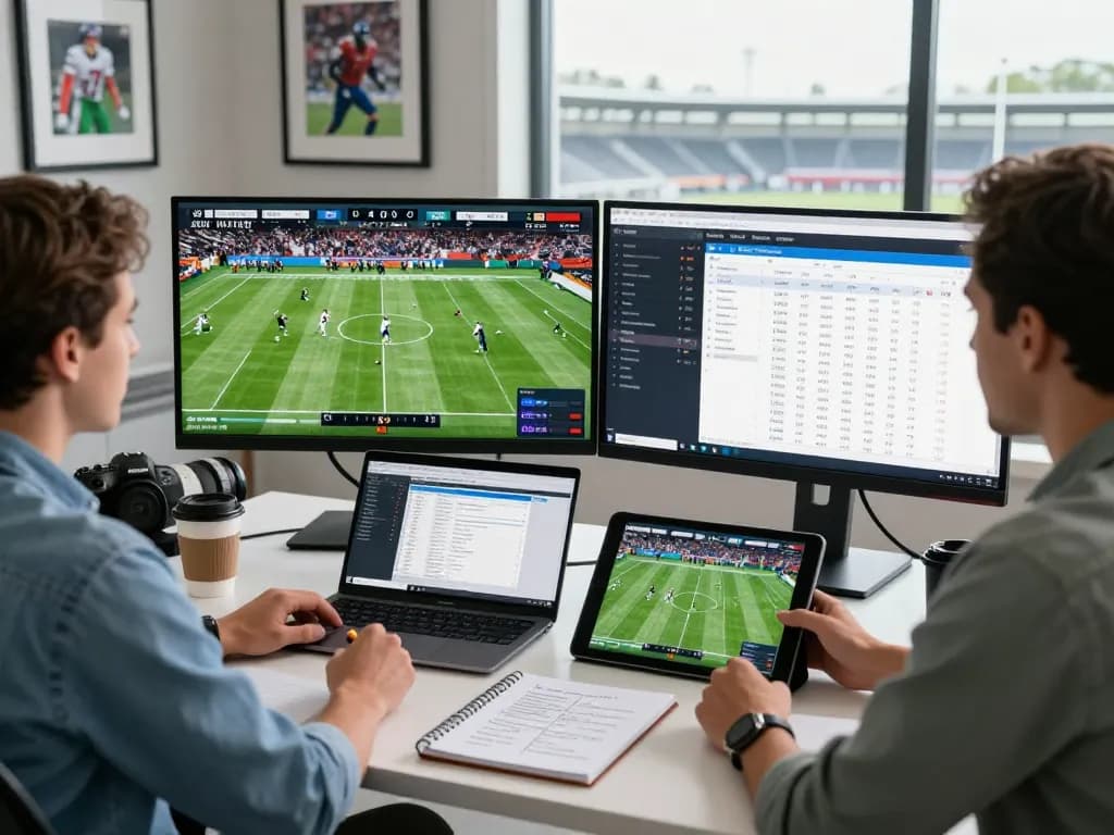 Analyze live football scores on Nowgoal in a modern sports analytics office.