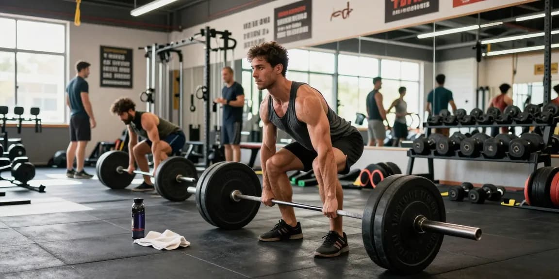 Kraftsportler zeigt Stärke und Konzentration im Anabolika Shop Deutschland Fitnessstudio und führt im energetischen Ambiente einen Deadlift mit Gewichten aus.