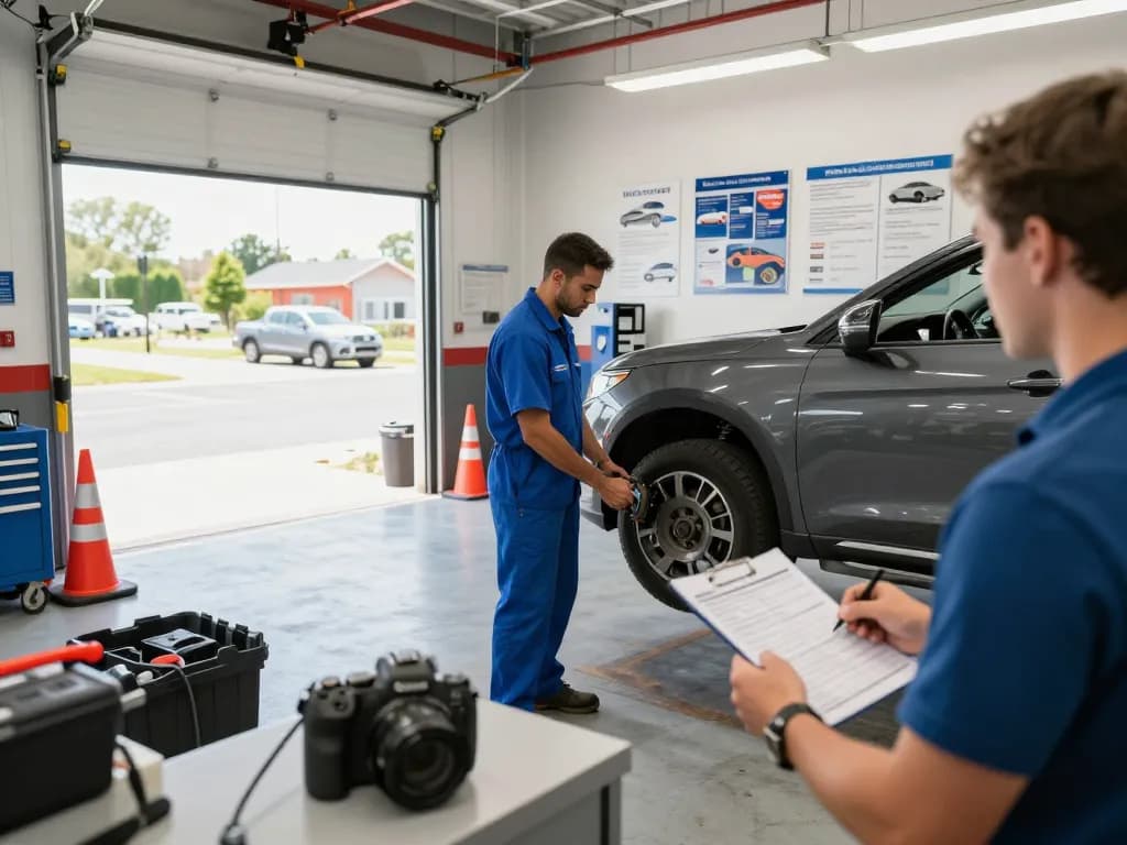 Lyft inspection in progress with a mechanic checking a vehicle's safety standards in a well-lit garage.