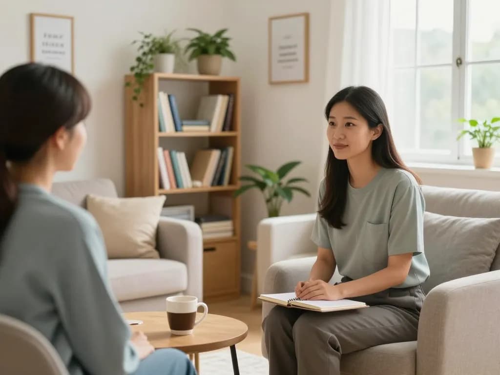 An inviting therapy room focusing on mental health; featuring a professional engaging with a patient about 焦慮症, warm lighting, calming decor, and personal touches that promote a supportive atmosphere.