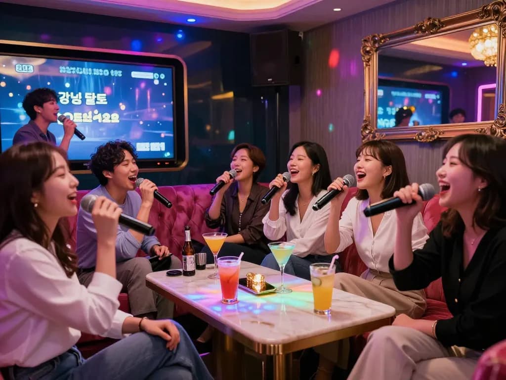 활기찬 장식과 칵테일 속에서 노래 부르며 즐거운 밤을 보내는 친구들, 강남달토 노래방에서의 모습.