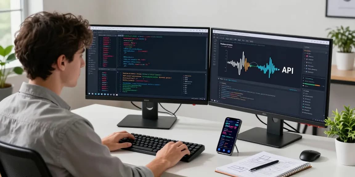 Developer analyzing the Asian stock index API data on dual monitors in a modern workspace setting.