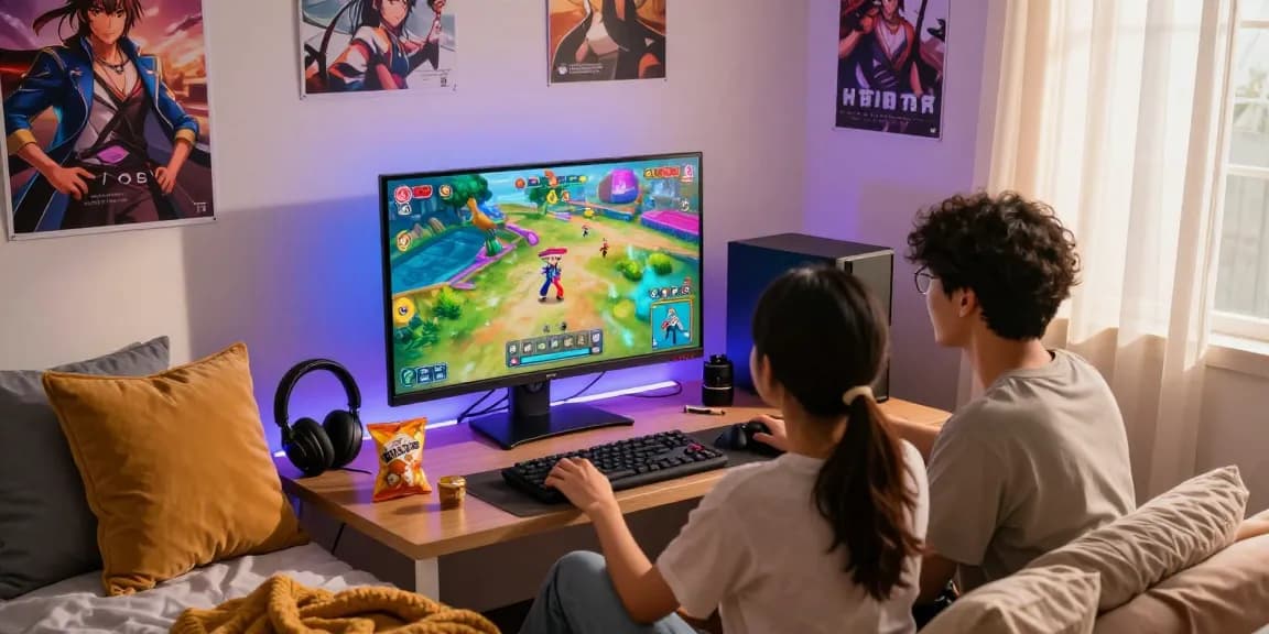 Couple enjoying a hentaigame on a gaming setup in a cozy bedroom ambience.