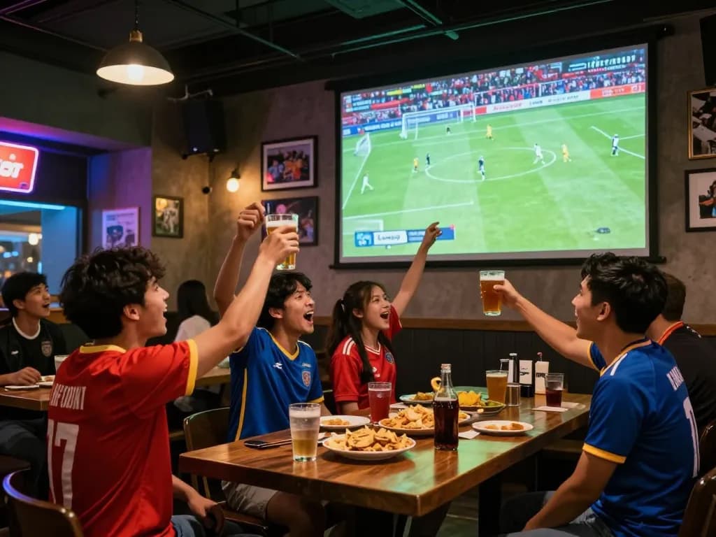 Excited fans experiencing LuongSonTV live football match in energetic sports bar atmosphere.