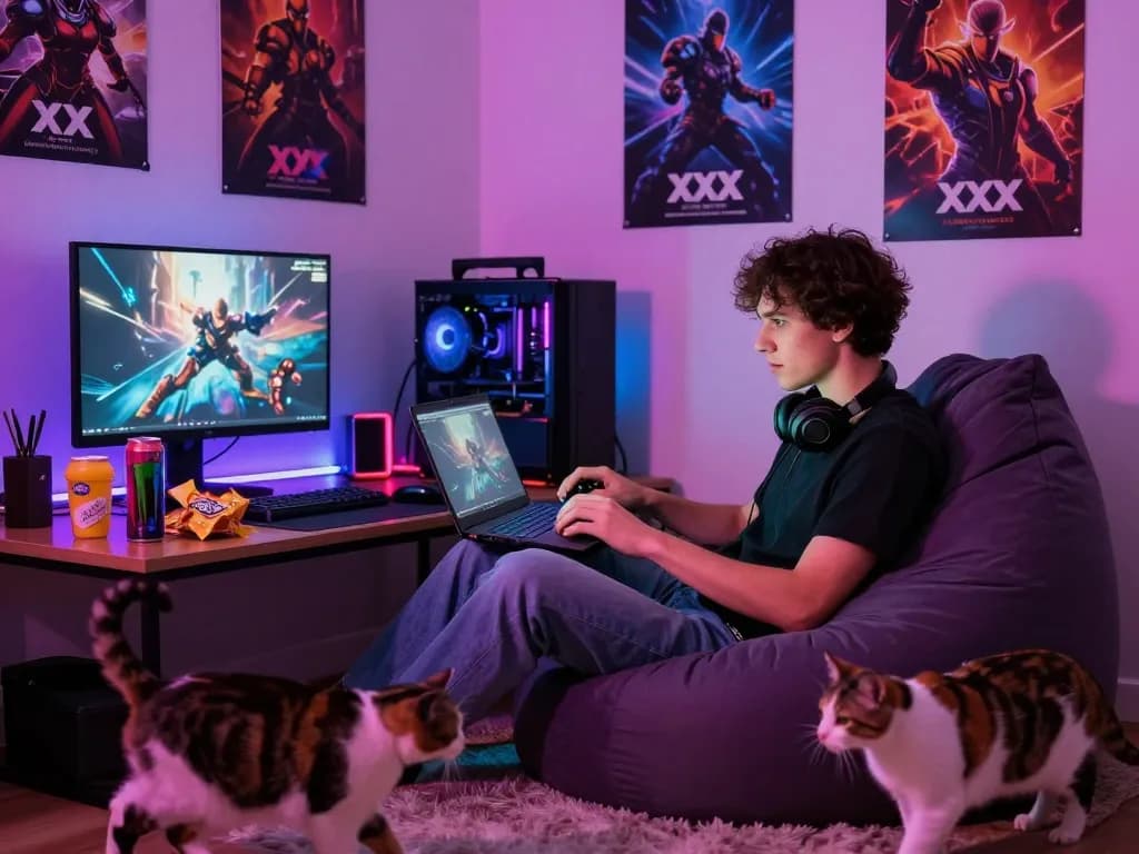 Engaged player surrounded by colorful LED lights enjoying xxx games in cozy gaming nook.