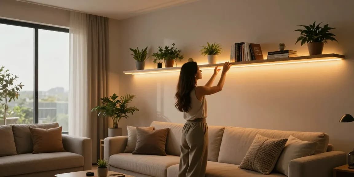 Transformarea unei camere cu banda led, femeie instalând lumini LED pe rafturi, ambianță modernă și confortabilă.