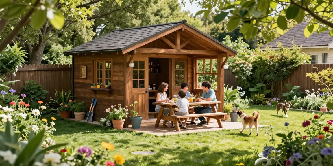 Hübsches Gartenhaus in einem blühenden Garten mit Familie und gemütlicher Atmosphäre