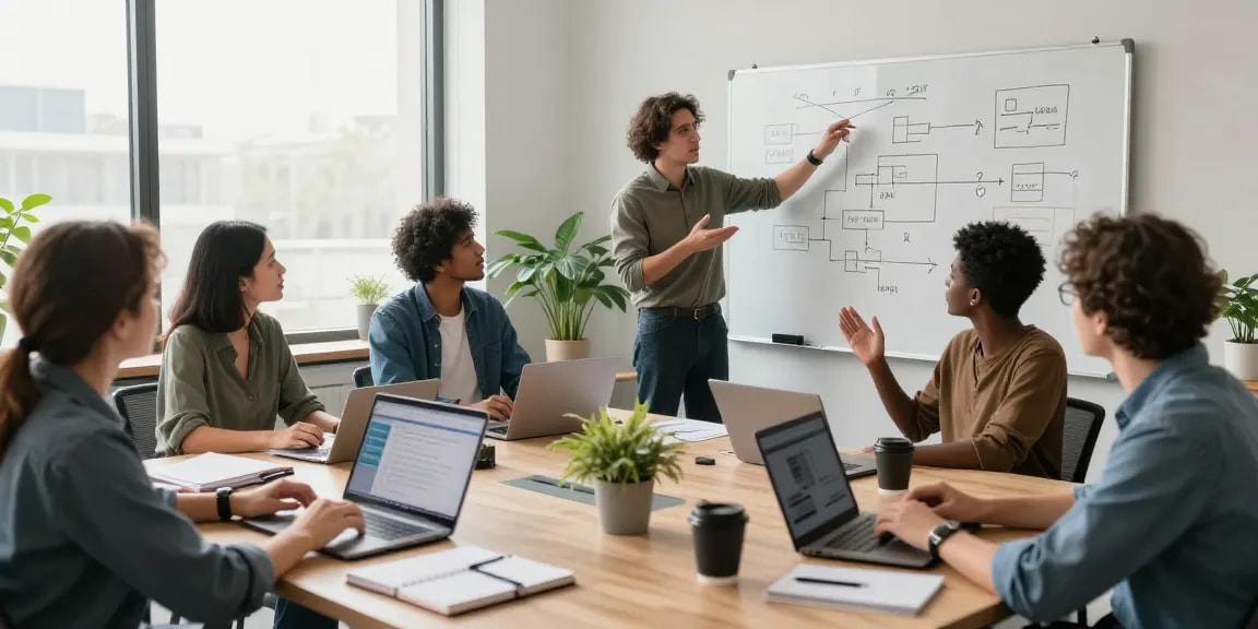 Collaborative team brainstorming session to build internal tools with AI in a modern office setting.
