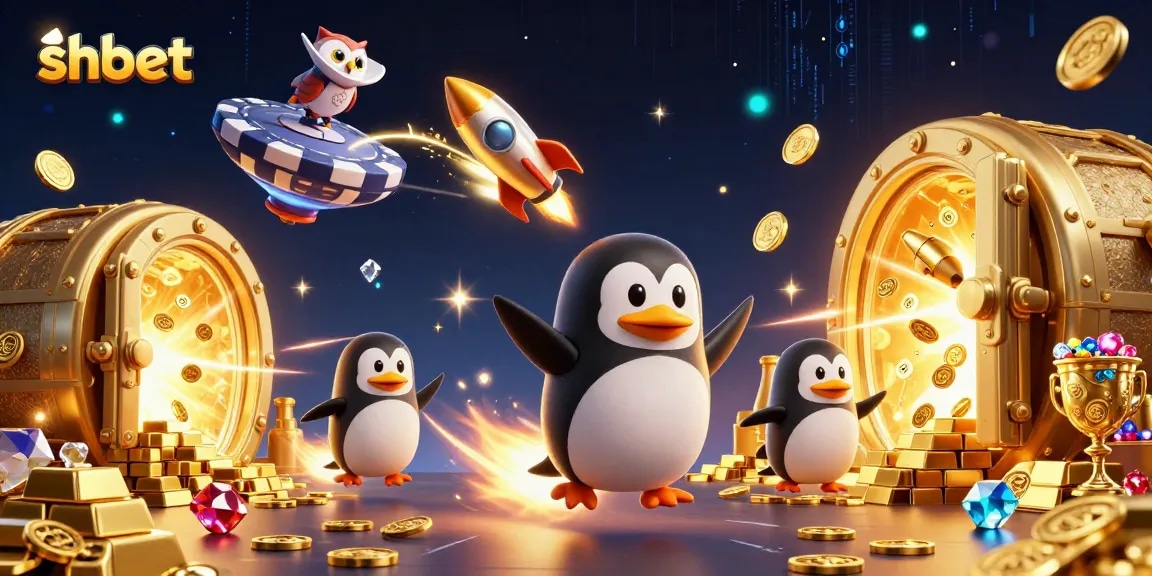 Win big at shbet with a spectacular 3D casino-themed illustration showcasing a golden penguin soaring through a cosmic jackpot adventure.