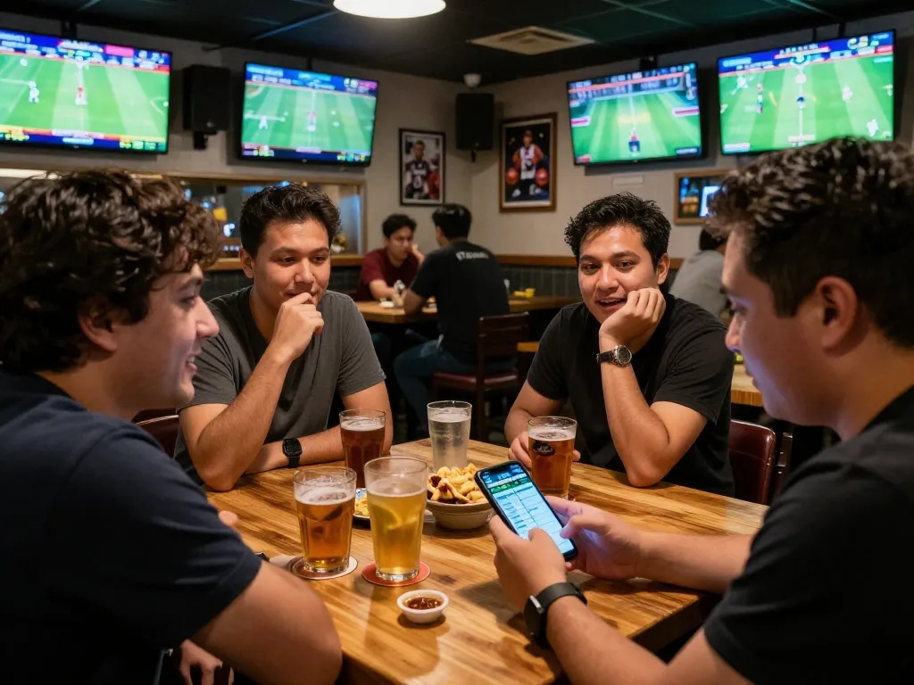 Engaging scene of friends enjoying sports betting with kèo nhà cái on mobile devices, vibrant social atmosphere, and multiple screens in a sports bar