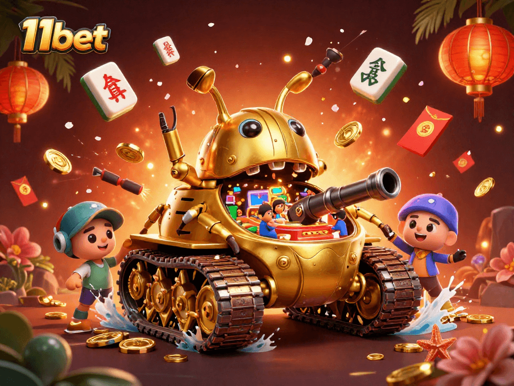 Explore the vibrant 11bet scene with a golden beetle tank casino, confetti, and dynamic game elements.