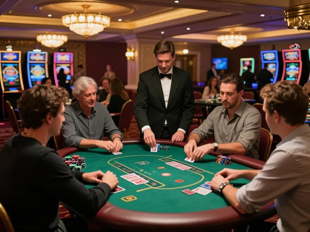 VIN88 poker players enjoying a thrilling game night at an upscale casino, high stakes and excitement in the air.