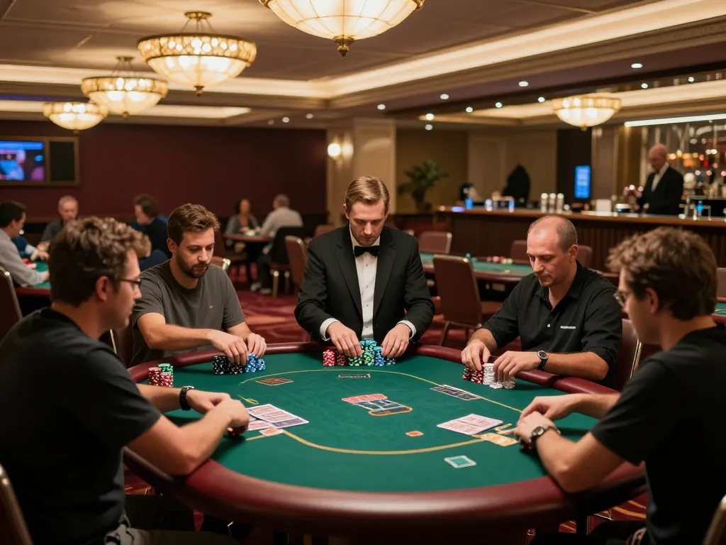 Engaged players at da88 poker table in an upscale casino atmosphere showcasing strategic gameplay.