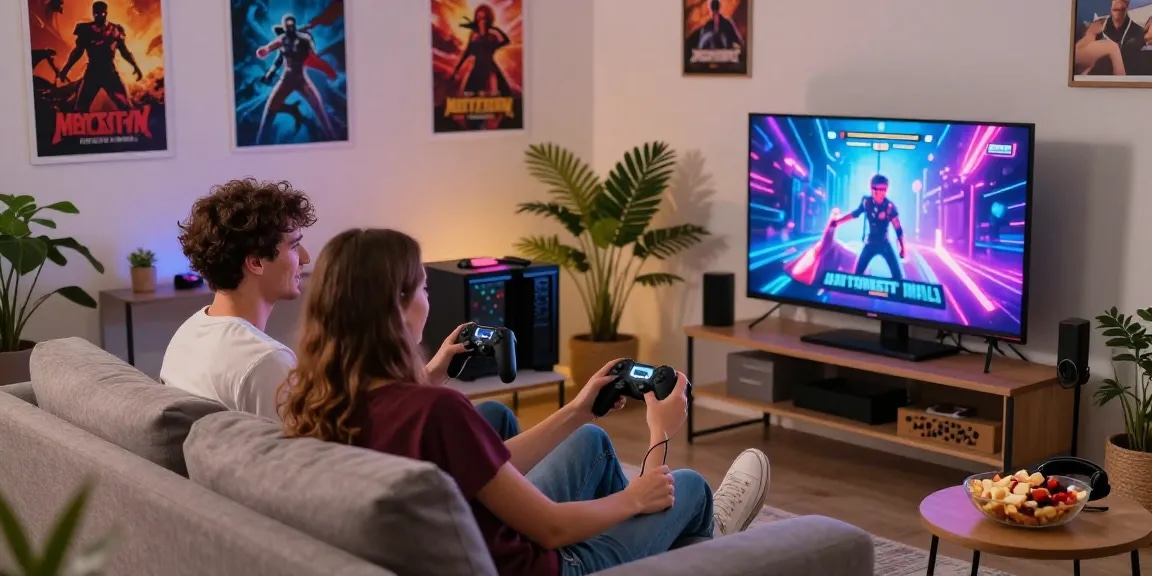 Couple enjoying a sex game online in a stylish living room