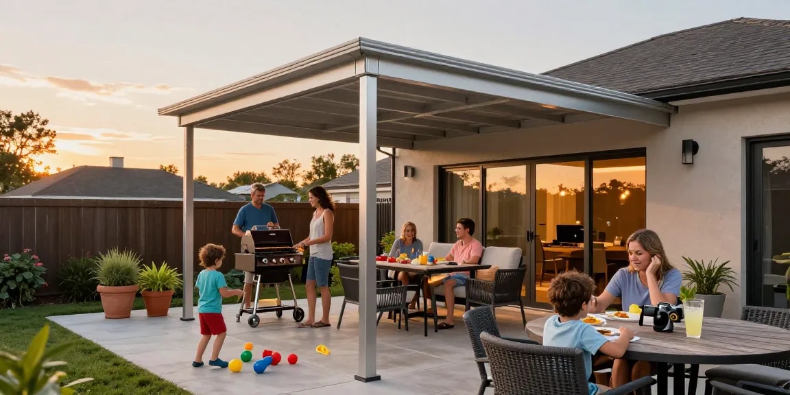 Moderne Terrassenüberdachung mit Familie beim Grillen im Abendlicht.