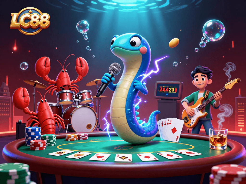 LC88 showcases an energetic underwater casino scene featuring a DJ electric eel surrounded by vibrant gambling elements.