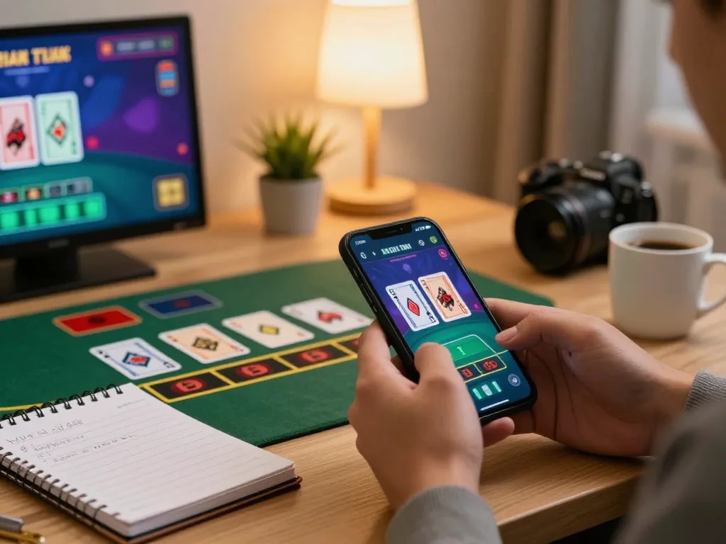 Player engaged in online blackjack on their smartphone, experiencing 11win action with strategy notes
