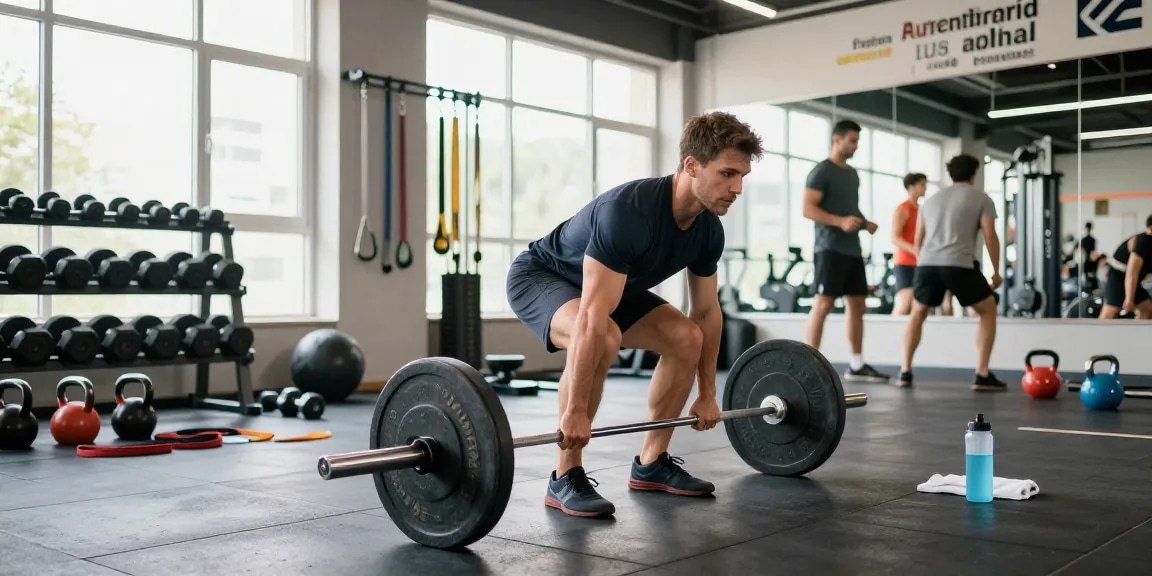 Fitnessszene bei Steroidshop, die einen Athleten zeigt, der im lebhaften Fitnessstudio Kreuzheben ausführt.