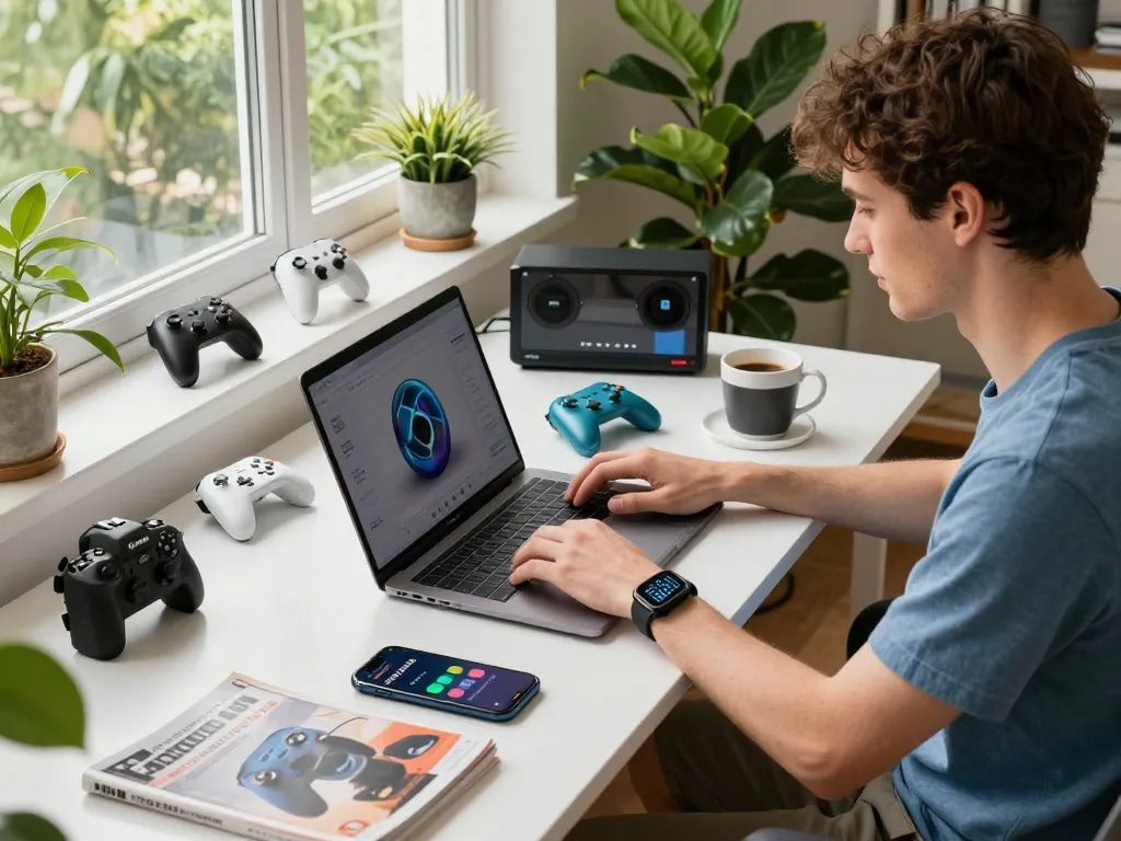 Showcasing the best tech gadgets for men in a stylish workspace filled with Bluetooth devices, a laptop, and a vibrant atmosphere.