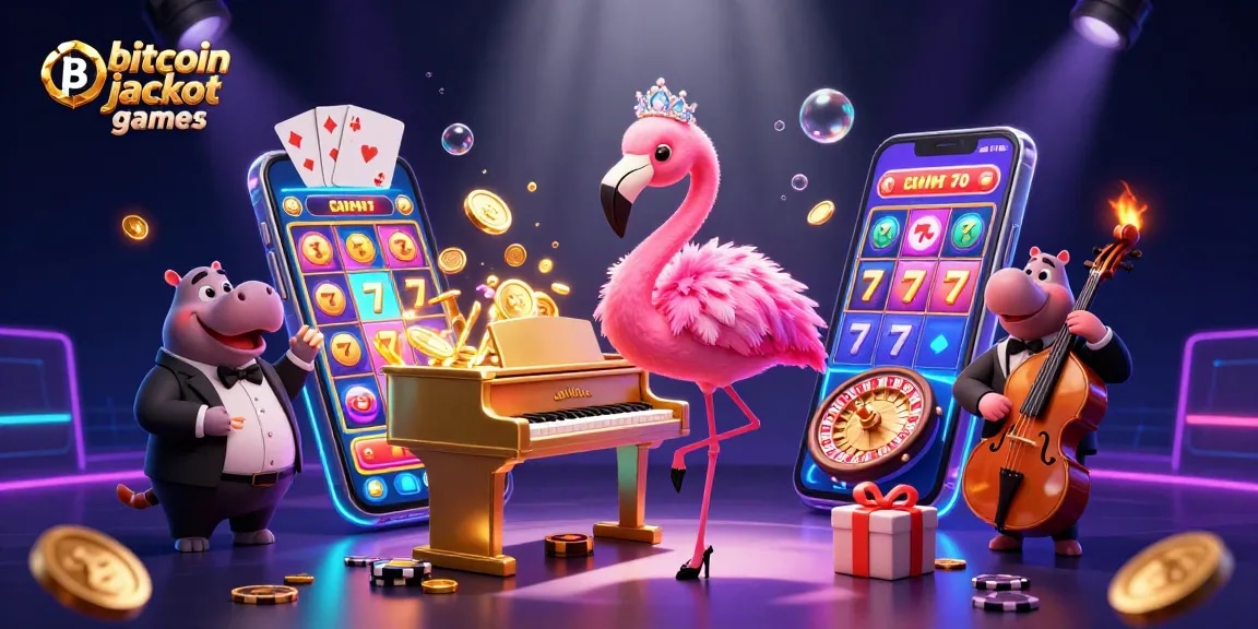 Experience the excitement of bitcoin jackpot games with a vibrant casino scene featuring colorful slot games and lively characters.