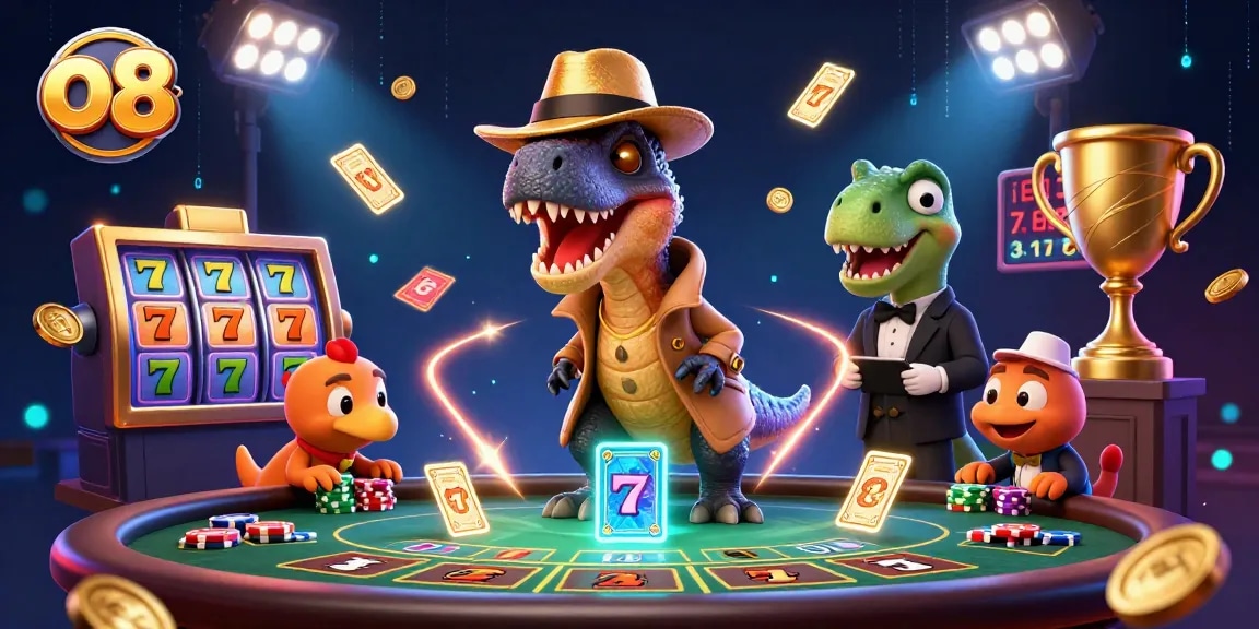 Experience thrilling gameplay at o8 with a velociraptor card counter amid a dynamic casino scene.