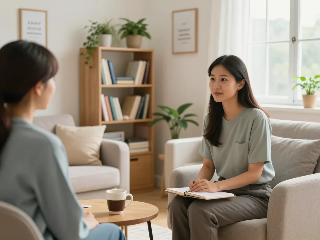 An inviting therapy room focusing on mental health; featuring a professional engaging with a patient about 焦慮症, warm lighting, calming decor, and personal touches that promote a supportive atmosphere.