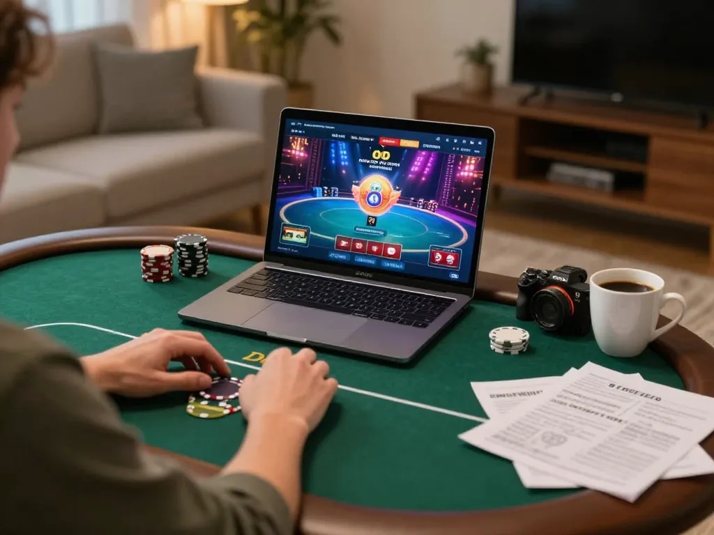 Player analyzing poker strategies on xx88 platform in a cozy home setup for online gambling