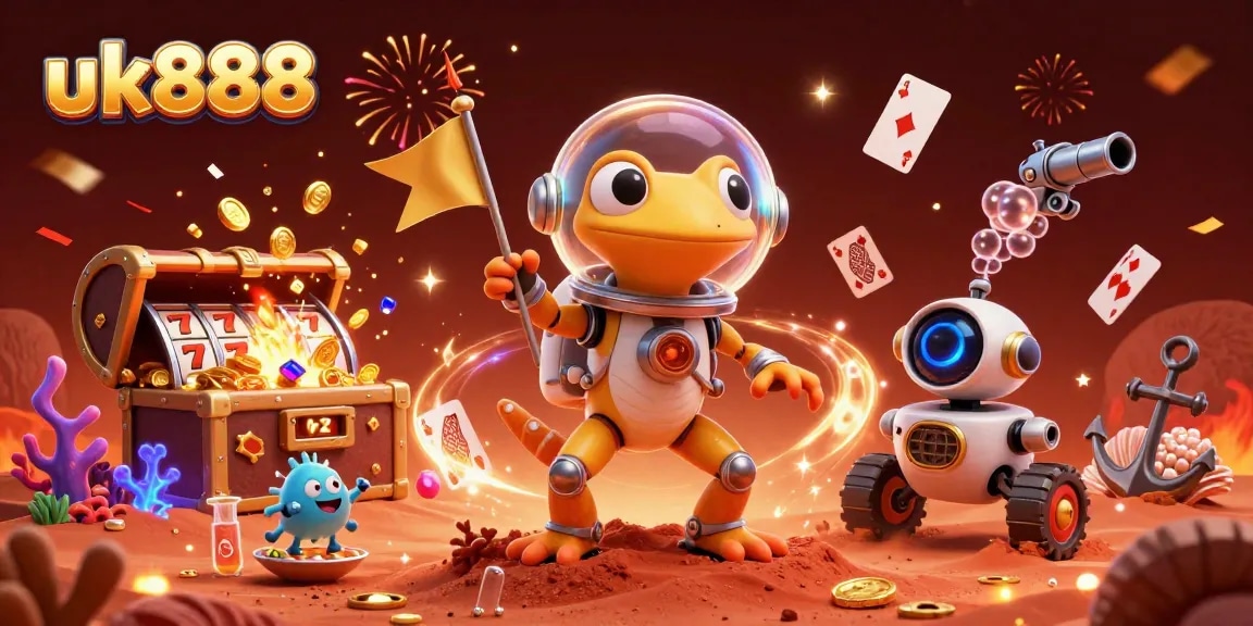 Experience excitement at uk888 with a lively Martian gecko discovering a golden casino.