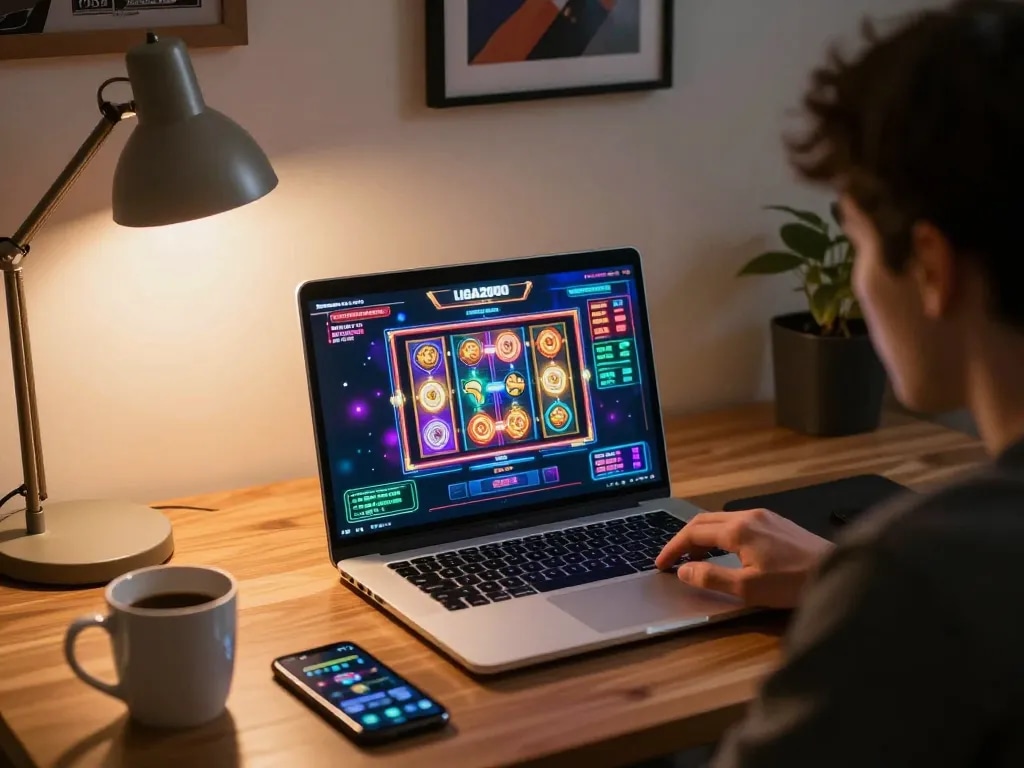 LIGA2000 player engaging in strategic online slots game from home setup.