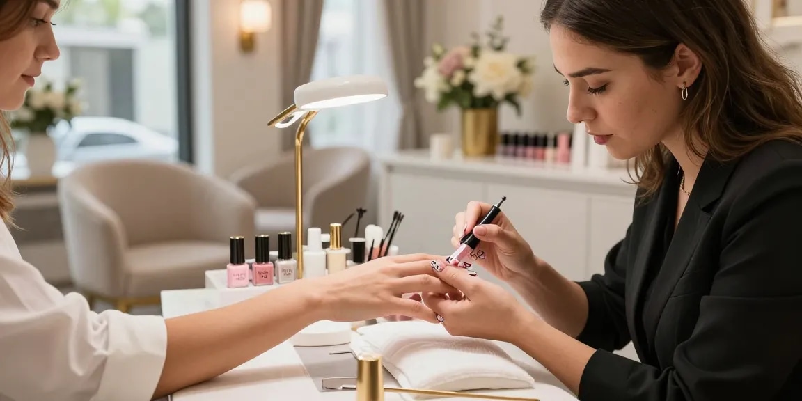 Manikur menggunakan cat kuku LUXURY 12 di salon mewah dengan pencahayaan lembut.