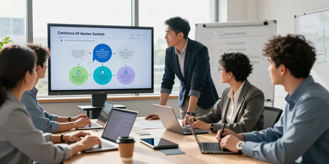 Team reviewing cyber essentials requirements in a modern office setting, emphasizing collaboration and cybersecurity compliance.