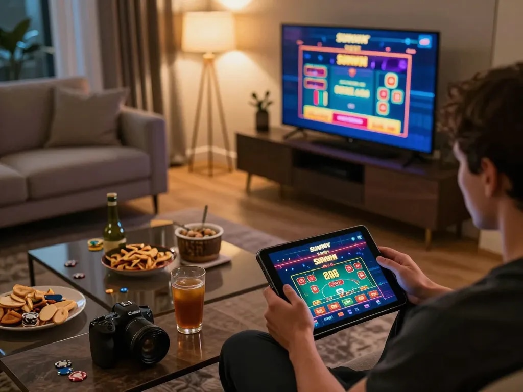 SUNWIN app displayed on tablet as a player enjoys online gaming in a cozy home setup