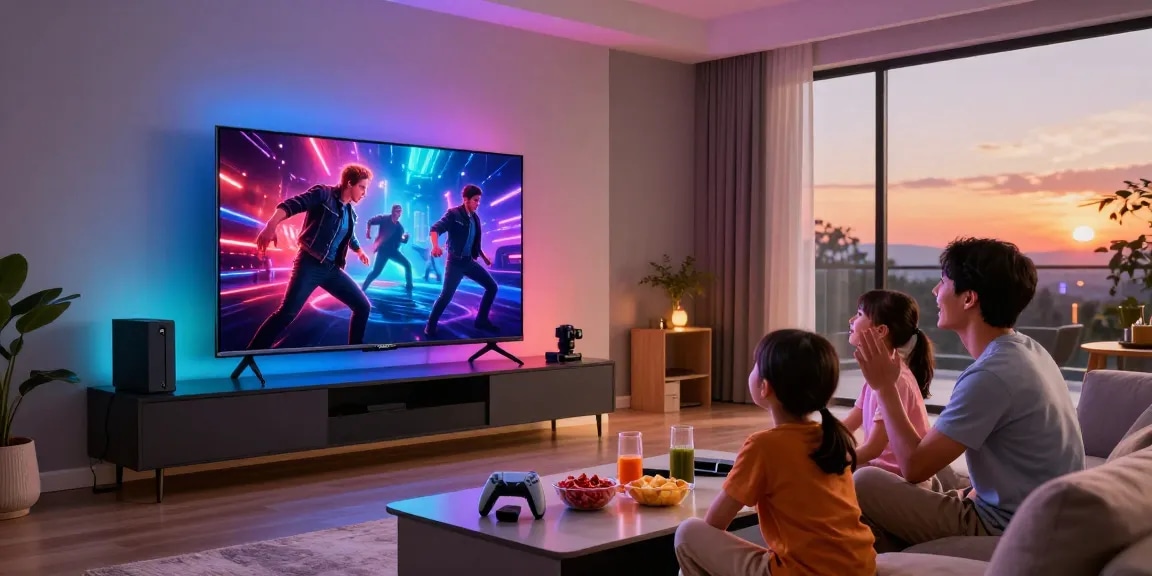 Family enjoying a movie on a Samsung Micro RGB TV in a cozy living room with vibrant colors.