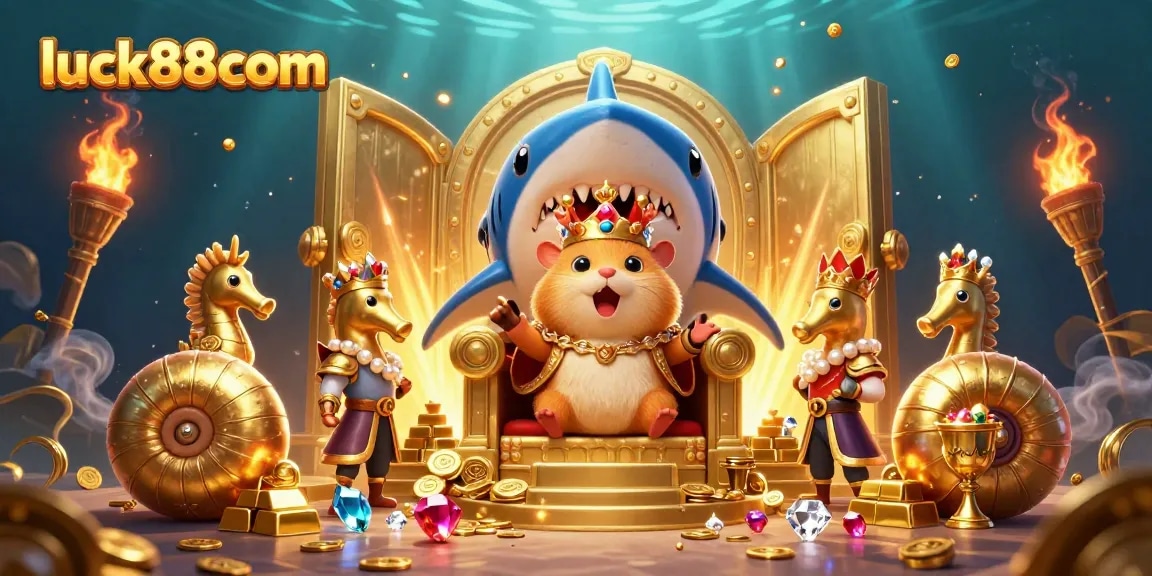 Join the excitement at luck88com with a dynamic 3D casino scene featuring treasure and a hamster king.