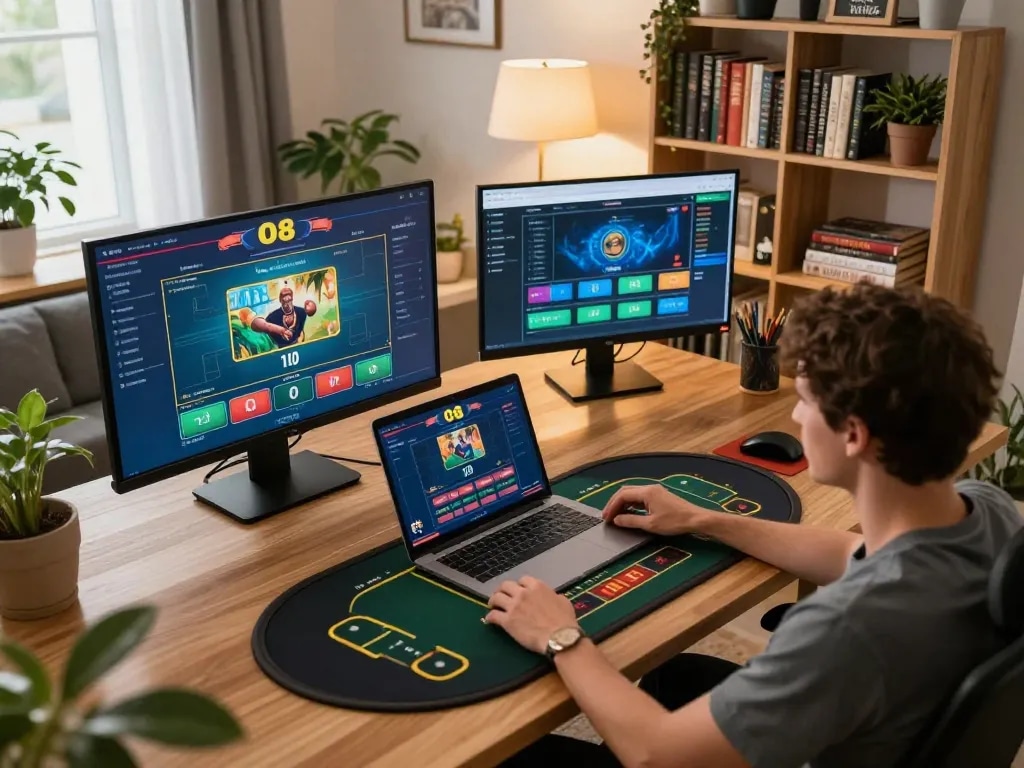 Engaged player enjoying O8's online casino game on multiple screens in a stylish home setup.