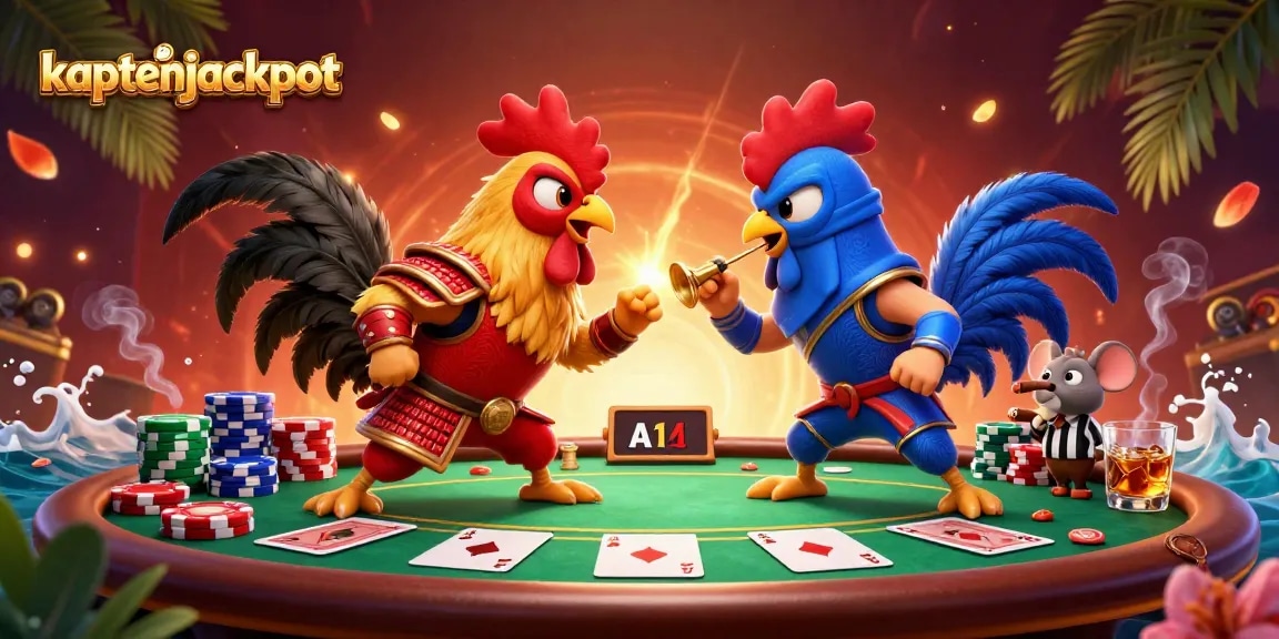 Experience the excitement of kaptenjackpot with dynamic roosters battling at a poker table full of vibrant chips.