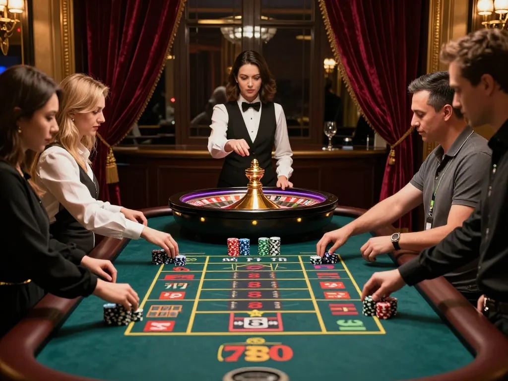Players engaging in strategic roulette bets at the upscale 78WIN casino, showcasing a vibrant atmosphere.