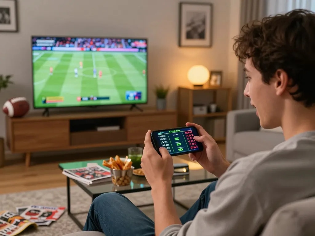 Engaged player checking dagago app for live betting during a thrilling sports match.