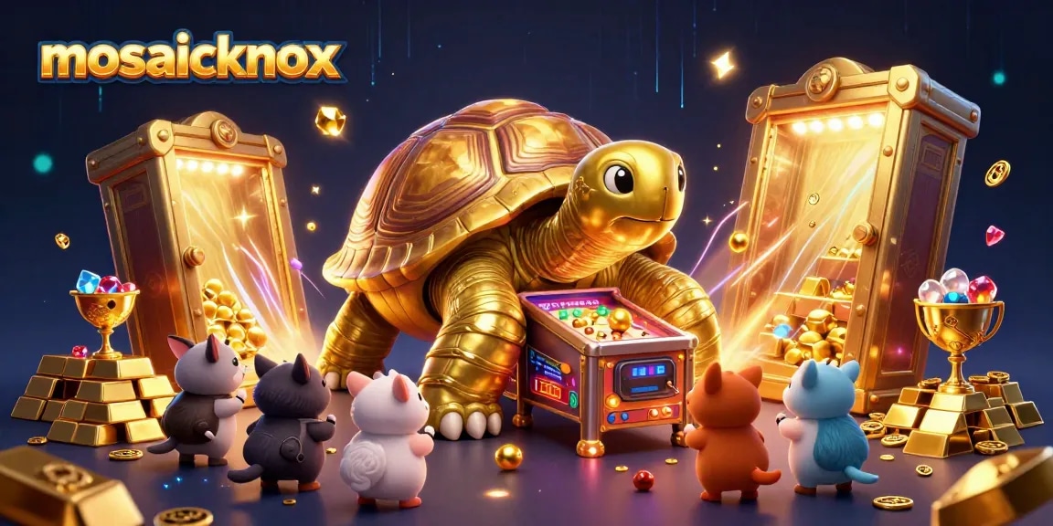 Experience the excitement at mosaicknox with vibrant gaming elements surrounding a colossal pinball tortoise.
