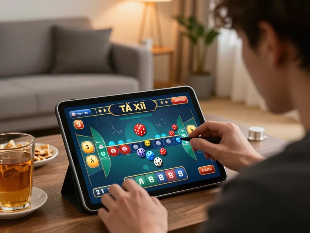 Tài xỉu gameplay on tablet, showcasing engaged player in comfortable home setting, strategic betting.