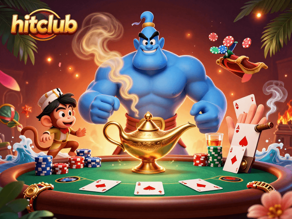 Hitclub showcases an energetic casino scene with a genie, monkey, and poker chips.