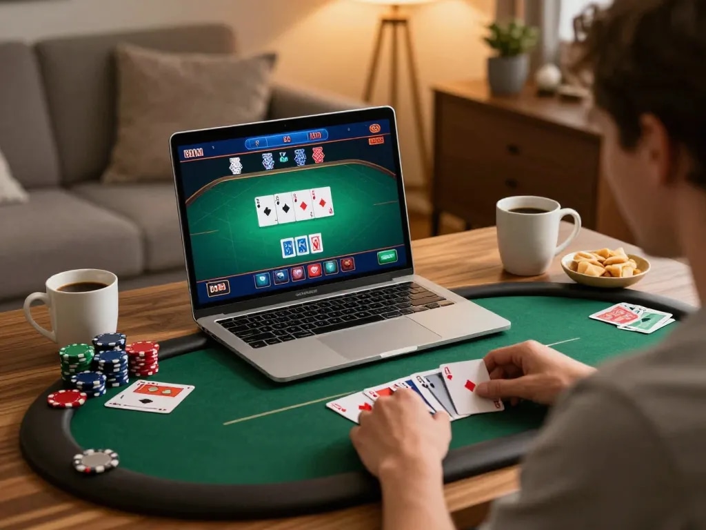 rokok88 pemain merencanakan strategi sambil menikmati permainan poker online yang nyaman di pengaturan rumah yang nyaman