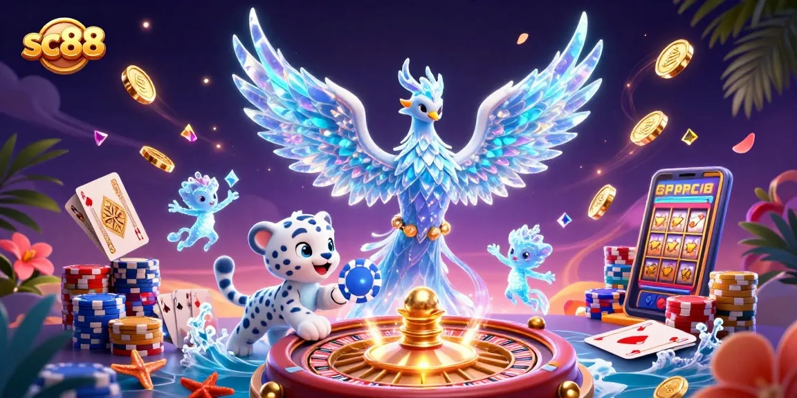 Experience sc88's captivating world as a snow leopard cub plays a winning poker chip amid golden coins.