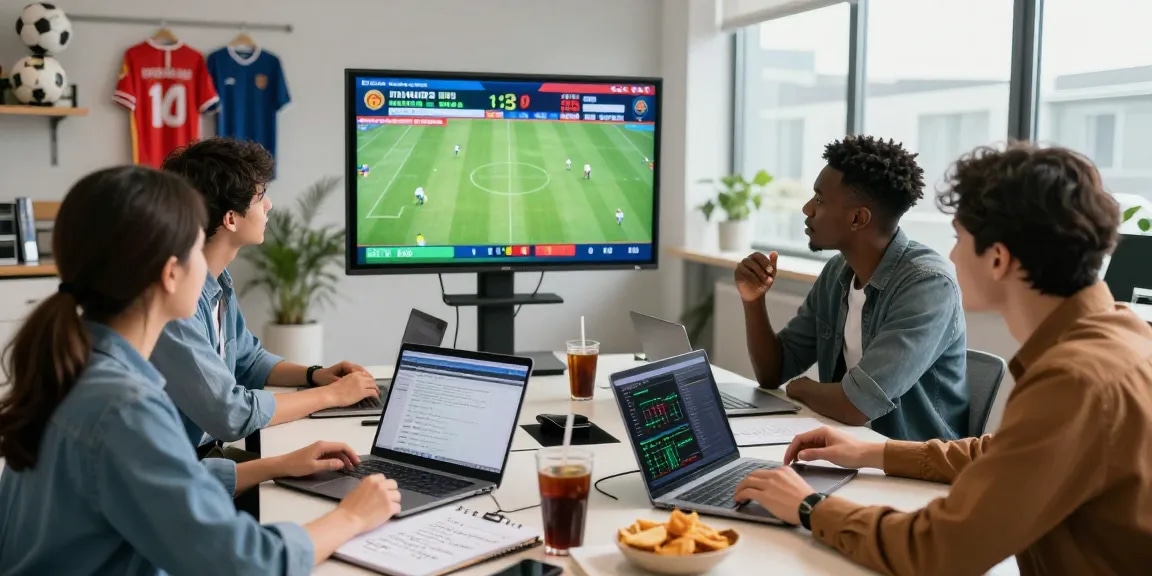 Engaging sports analysis team at soikeonhacai.com.co reviewing live soccer match stats and trends in a modern office.