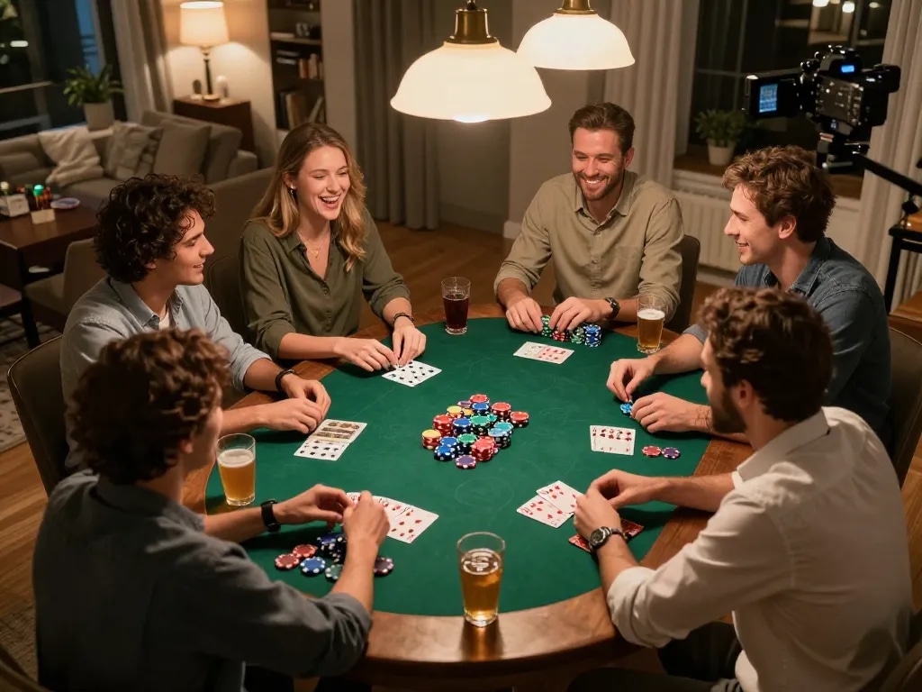 Enjoying a friendly poker night at home with 9bet camaraderie and strategy.