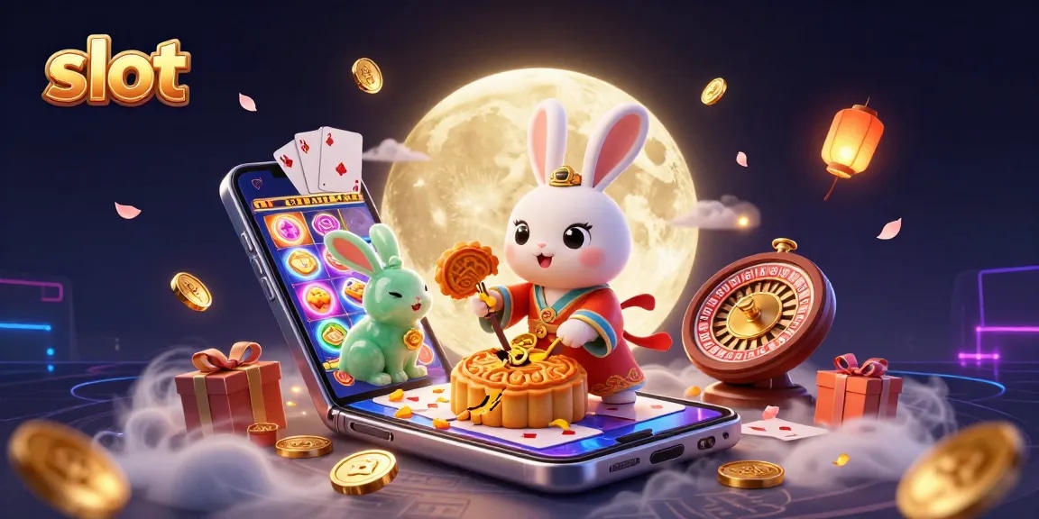 Spin colorful slot game reels and win big alongside a traditional moon rabbit in this vibrant casino illustration.