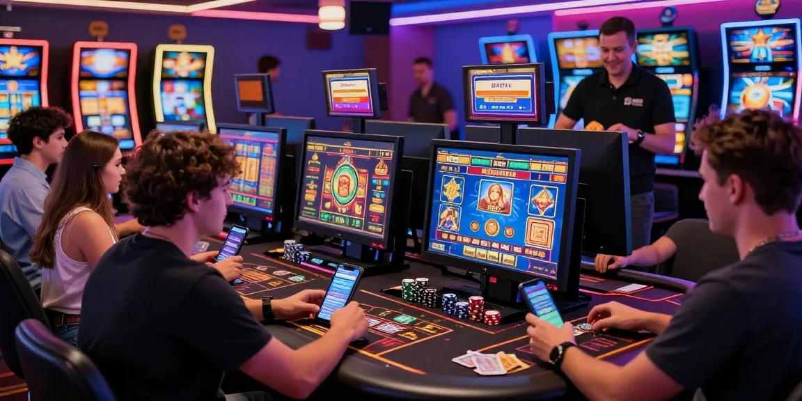 Spannende Paysafe Card Casino-Szene mit Spielern, die Online-Spiele genießen und sichere Transaktionen durchführen.